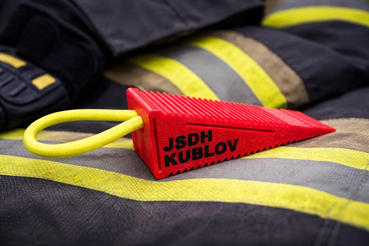 Červený taktický klínek Basic s nápisem JSDH Kublov ležící na zásahovém obleku hasiče
